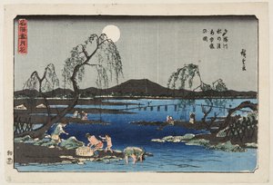 Édeshal fogása a Tama folyóban az őszi hold alatt (Tamagawa aki no tsuki ayugari no zu) (színes fatömbnyomat) alkotó: Ando or Utagawa Hiroshige