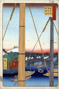 "Edo száz híres képe" (a mai Tokió): Inari híd és Minato templom Teppozuban. Kilátás Tokió városára Japánban a Fuji-hegytel a háttérben. (A kikötői szentély és az Inari híd Teppozuban (Edo száz híres képe). Japán nyomtatás alkotó: Ando or Utagawa Hiroshige