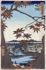 "Edo száz híres képe" (a mai Tokió): juharlevelek Mamánál a Tekona templommal és a Tsugi híddal. Kilátás Tokió városára Japánban. (Juharlevelek és Tekona szentély és híd a mamánál (Edo száz híres kilátása). Japán fatömbnyomat alkotó: Ando or Utagawa Hiroshige