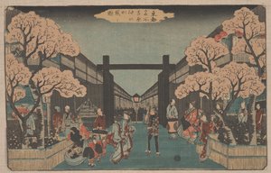 Cseresznyevirágzás a Naka-no-cho-n a Yoshiwara-ban (fametszet) alkotó: Ando or Utagawa Hiroshige