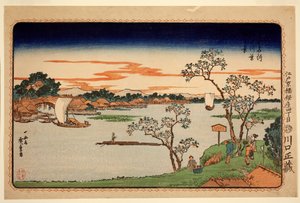 Cseresznyefák levélben a Sumida folyó mellett, a Híres helyek a keleti fővárosban sorozatból, 1831 körül (színes fatömbnyomat) alkotó: Ando or Utagawa Hiroshige
