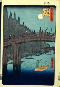 Japán fatömbnyomat: The Bamboo Wharf a Kyobashi Bridge mellett (Tokió, Japán). Sorozat száz híres nézet Edo. (Bamboo Quay a Kyobashi híd mellett, Edo száz híres kilátása). Utagawa Hiroshige (1797-1858) munkája, fametszet (39x26 cm) alkotó: Ando or Utagawa Hiroshige