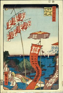 Le pont Kanasugi et Shibaura (cent vues celebres de Edo) – Oeuvre de Utagawa Hiroshige (1797-1858), estampe japonaise, vers 1858 – (Kanasugi híd és Shibaura – (Edo száz híres képe), Utagawa Hiroshige színes fametszete kb 1858) Állami Remete alkotó: Ando or Utagawa Hiroshige