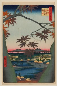 Juharfák a Mamánál, Tekona szentély és összekötött híd alkotó: Ando or Utagawa Hiroshige