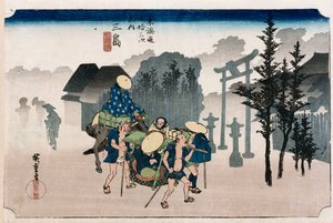 Reggeli köd Mishimában", a "The Fifty-Tree Stations of The Tokaido" sorozatból, 1834 körül alkotó: Ando or Utagawa Hiroshige