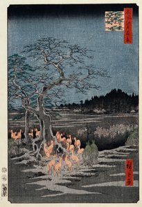 Szilveszter rókatüzek a csalánfánál, Oji, a „Edo száz híres képe” című sorozatból alkotó: Ando or Utagawa Hiroshige