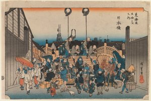 Nihonbashi, „The Fifty-three Stations on the Tokaido Highway”, 1834 körül (fatömbnyomat) alkotó: Ando or Utagawa Hiroshige