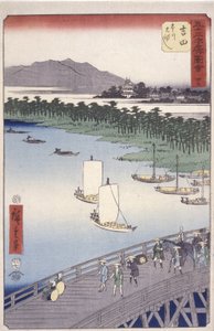 35. állomás, Yoshida; Kyoka Tokaido Series (Figures Crossing Foreground) (színes fatömbnyomat) alkotó: Ando or Utagawa Hiroshige