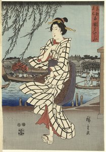 Folyóparton sétáló nő, pub.C1848 (színes fatömbnyomat) alkotó: Ando or Utagawa Hiroshige