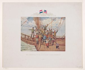 Henry Hudson hajója, a Halve Maen, közeledik az észak-amerikai partokhoz, 1609 Látványban a föld! A Halve Maen hajós népe az orron (cím az objektumon) alkotó: André Vlaanderen