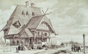 Szállodák és vendégházak, illusztráció a "Voyage pittoresque en Russie" című könyvből, 1839. alkotó: Andre Durand