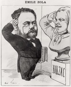 Emile Zola (1840-1902) karikatúrája, tisztelgés egy mellszobra előtt (1799-1850) 1878