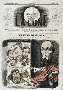 A Victor Hugo által írt és Auguste Vacquerie által rendezett "Hernani" karikatúrája, illusztráció a "La Lune" címlapjáról, 1867. június 30. alkotó: Andre Gill