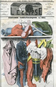 Farsangi jelmezek, tüzéröltöny III. Napóleonnak, republikánus sapka Duvernoisnak, hóhér jelmez Bismarcknak... Borító a Gill „” L