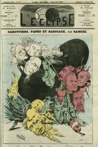 Sárgarépa, táblák és radikálisok, a különböző politikai pártok zöldségekben a hatalom edényében. Rajz, amely Gill rajzfilmjét helyettesíti, cenzúrázott. Címlap: Samuel február 11-i „” L