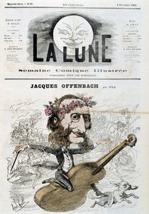 Jacques Offenbach (1819 - 1880) rajzfilmje hegedűn ül - Gilltől a „” La Lune” című filmben, 1866.11.04. alkotó: Andre Gill