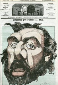 Rajzfilm „az emberről, aki beszél”, Leon Gambetta (1838-1882), francia politikus. Borító a „” L