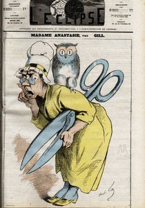 Madame Anastasia a cenzúra ollójával Anasztázia a sajtó és a kiadók cenzúráját szimbolizálja, és valószínűleg I. Anasztáz pápáról kapta a nevét, aki megtilt bizonyos könyveket, amelyek nem felelnek meg a keresztény kozmológiának. Illusztráció: Andre