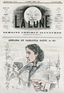 Adelina (1843-1919) és Carlotta Patti (1835-1889) olasz operaénekesnő portréja. Gill rajzfilmje a „The Moon” című filmben, november 25 alkotó: Andre Gill