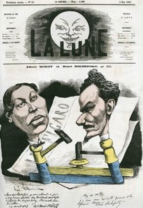 Albert Wolff és Henri Rochefort (1831-1913) francia újságíró és politikus portréja. Gill rajzfilmje a „The Moon” című filmben, május 4 alkotó: Andre Gill