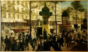 A Boulevard Montmartre panorámájának vázlata megeleveníti a kortárs párizsi személyiségeket alkotó: Andre Gill