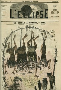 Az ördögnek négy politikai füzete van, amelyeket Mephistopheles (Mephisto) alias Wolff, Villemessant, Duchesne, Lockroy és karikaturistája, Benassit alakított át. Borító a Gill „” L