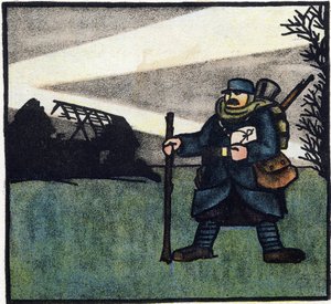Első világháború 1914-1918 (14-18): Szőrös. A francia hadsereg katonájának portréja katonai egyenruhában, hátizsákkal, táskával és puskával. Metszet a "Nagy Háború ábécéje 1914-1916 (katonáink gyermekei számára)" című kötetben. Editions Berger-Levrault alkotó: Andre Helle