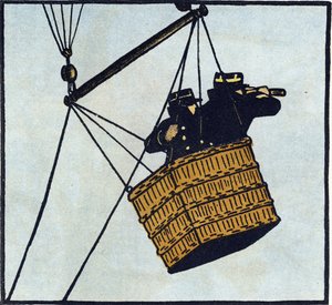 Első világháború 1914-1918 (14-18): A francia hadsereg megfigyelői (megfigyelőállás) egy fogságban lévő léghajóban próbálják kiszúrni az ellenséget. Metszet a "Nagy háború ábécéje 1914-1916 (katonáink gyermekei számára)" című kötetben. Editions Berger-Levr alkotó: Andre Helle