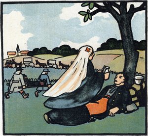 Első világháború 1914-1918 (14-18): Vöröskeresztes ápolónő, aki a harcterekre is eljut a katonák ápolására. Metszet a "Nagy háború ábécéje 1914-1916 (katonáink gyermekei számára)" című kötetben. Editions Berger-Levrault alkotó: Andre Helle