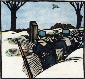 Első világháború 1914-1918 (14-18): A francia hadsereg katonái a lövészárokban (szőrös). Metszet a "Nagy háború ábécéje 1914-1916 (katonáink gyermekei számára)" című kötetben. Editions Berger-Levrault alkotó: Andre Helle