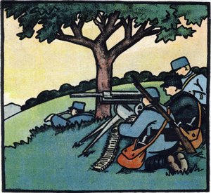Első világháború 1914-1918 (14-18): A francia hadsereg katonái géppuskát használnak a csatatéren. Metszet a "Nagy háború ábécéje 1914-1916 (katonáink gyermekei számára)" című kötetben. Editions Berger-Levrault alkotó: Andre Helle