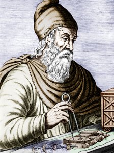 Archimede (287-212 avJC), görög szicíliai fizikus és matematikus, színes dokumentumot metszett alkotó: Andre Thevet