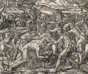 Harc Margageaz és Tabajares törzsek között, metszet az egyetemes kozmológiából, Andre Thevet (1504-1592) alkotó: Andre Thevet