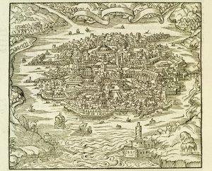 Quinsai (ma Tianjin) városa, metszet Andre Thevet La Cosmographie Universelle (Egyetemes kozmográfia) című művéből.