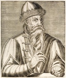 Johannes Gutenberg: német feltaláló, aki a mozgatható nyomdagép feltalálása elindította a nyomtatási forradalmat André Thévet 1584-ben megjelent True Portraits című művéből.