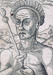 Quoniambec király, Brazília, metszet az Egyetemes Kozmológiából, Andre Thevet (1504-1592), Párizs alkotó: Andre Thevet