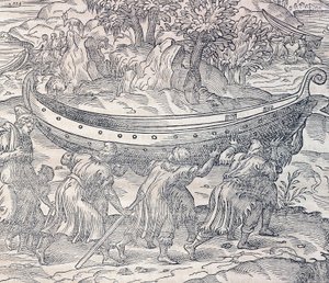 Lappföldiek, akik hajóikat egyik helyről a másikra hordják, metszet az Egyetemes Kozmológiából, Andre Thevet (1504-1592), Párizs alkotó: Andre Thevet