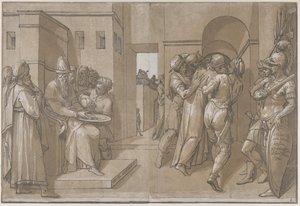 Krisztust elvezetik, katonák állnak a lap jobb oldalán, 1585. alkotó: Andrea Andreani