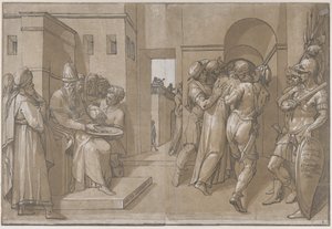 Pilátus a bal oldalon kezet mosott a lepedő bal oldalán, 1585. alkotó: Andrea Andreani