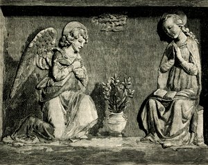 Angyali üdvözlet, Andrea Della Robbia (1435-1525 vagy 1528), a Madonna del Buon Consiglio oratóriuma, Prato, Toszkána, Olaszország, fametszet a Le cento citta d