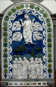 Jézus mennybemenetele a Szűzanya és a Tizenegy Apolos kiskerámia domborműve, Andrea della Robbia (1435-1525) 1490 körül Dim. 475 x 305 cm Santuario della Verna, Olaszország