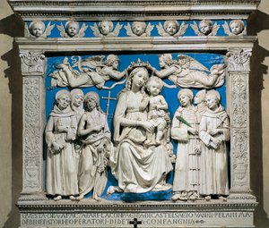 Madonna és gyermek a szentekkel, Andrea della Robbia (1435-1525), mázas cserép, Medici-kápolna, Santa Croce-templom, Firenze, Olaszország