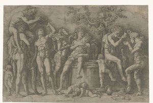 Bacchanal szatírokkal és bacchante-okkal a borprésben alkotó: Andrea Mantegna