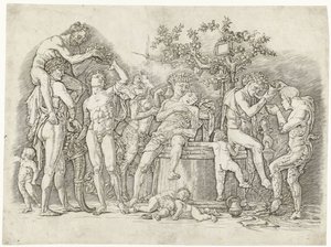 Bacchanal szatírokkal és bacchante-okkal a borprésben alkotó: Andrea Mantegna