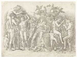 Bacchanal szatírokkal és bacchante-okkal a borprésben alkotó: Andrea Mantegna