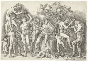 Bacchanal szatírokkal és bacchante-okkal a borprésben alkotó: Andrea Mantegna
