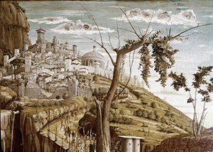 Krisztus imádkozik az olajfák kertjében, a predelle bal része, San Zeno oltárképe (tempera fán, 1457-1460 körül) alkotó: Andrea Mantegna