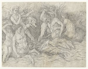 Harc a tritonok között nereidákkal a hátukon Tengeri istenek csatája alkotó: Andrea Mantegna