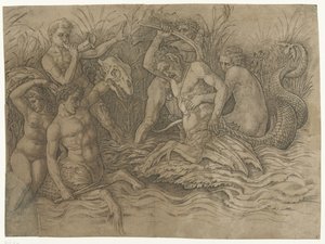 Harc a tritonok között nereidákkal a hátukon Tengeri istenek csatája alkotó: Andrea Mantegna
