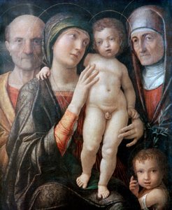Szent Család Szent Erzsébettel és Keresztelő Szent Jánossal gyermekként, 1495-1500 alkotó: Andrea Mantegna